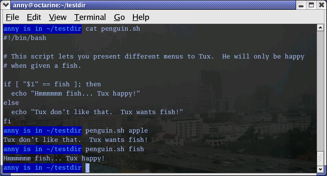 Simple if/then/else/fi construct: if [ "$1" == fish ]; then echo "Tux likes this"; else echo "Tux wants fish!"; fi